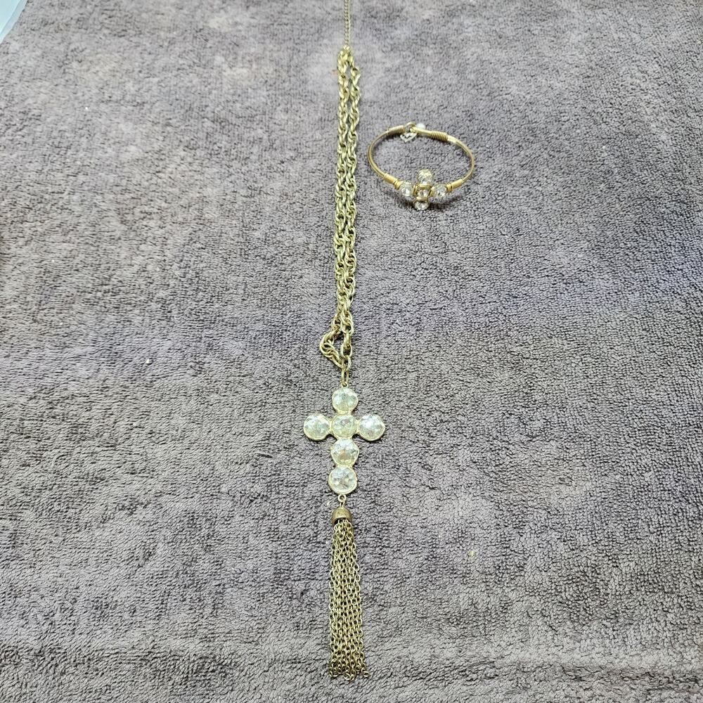 Cross necklace and bracelet large rhinestones b34